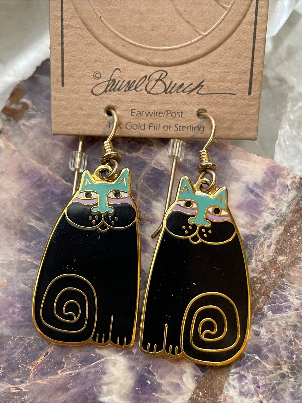 Vintage NWT Laurel Burch “Olivia” Black Cat Enamel Earrings/ 12k Goldfill Wires